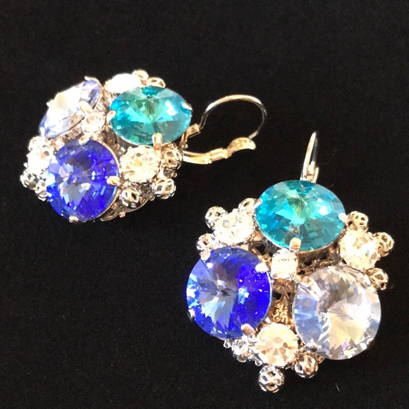 Italian Swarovski Sapphire & Aquamarine Crystal Earrings - Picture 3 of 5